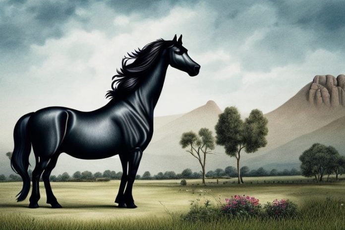 A friesian horse in a rural setting in hartbeespoort