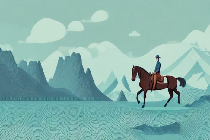 A horse and rider in a fjord landscape