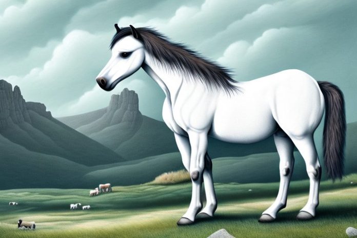 A dartmoor pony horse in a scenic landscape of white river