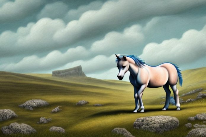 A dartmoor pony horse in a rural landscape in orkney