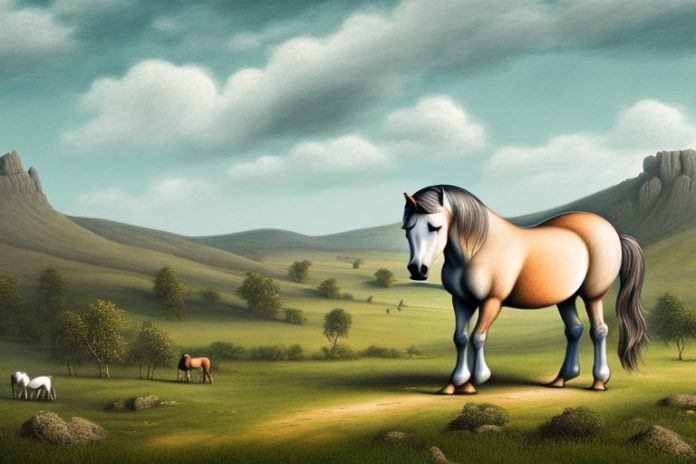 A dartmoor pony horse in a rural landscape in hartbeespoort