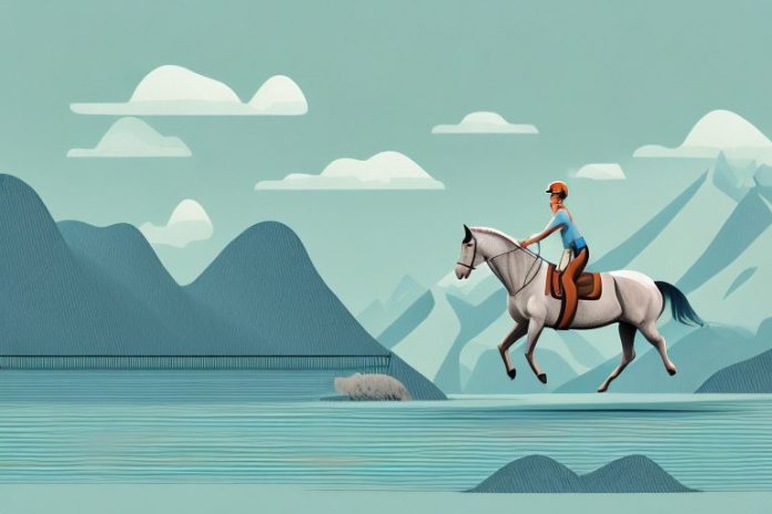 A horse and rider in a scenic fjord landscape