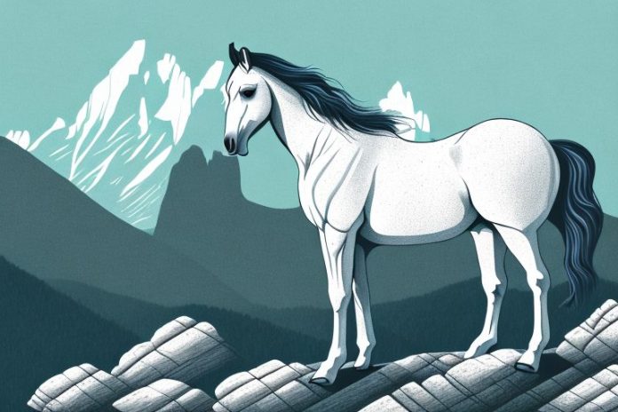 A majestic horse standing in a rocky mountain landscape in ladysmith