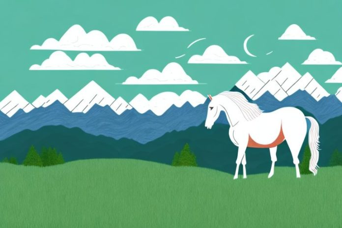 A horse standing in a grassy field with the rocky mountains in the background