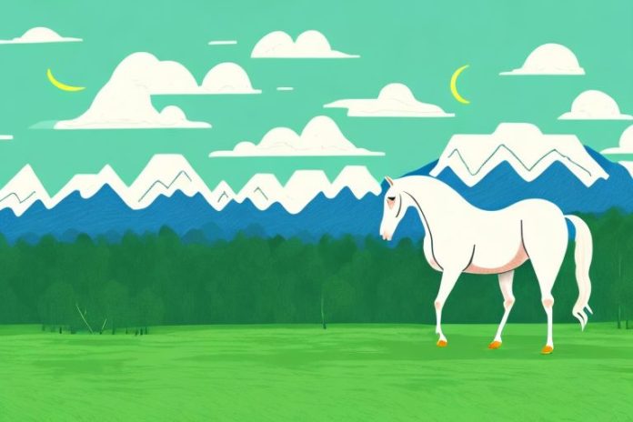 A horse in a lush green landscape with the rocky mountains in the background
