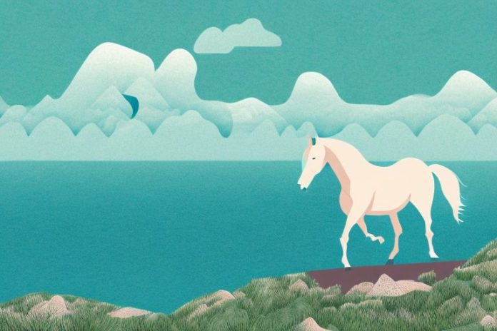 A horse in a mountainous landscape with the ocean in the background