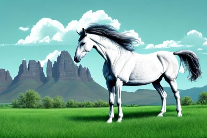 A majestic horse standing in a grassy field in the rocky mountains of kroonstad