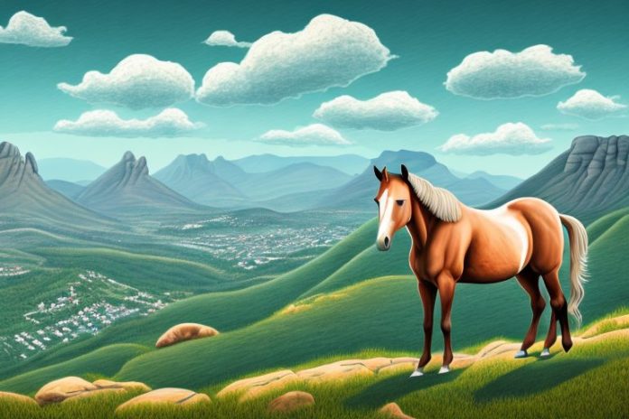 A horse in a mountainous landscape with a view of ficksburg
