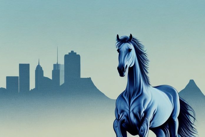 A majestic horse standing in front of the pretoria skyline