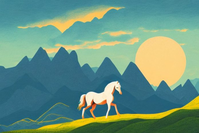 A horse in a mountainous landscape