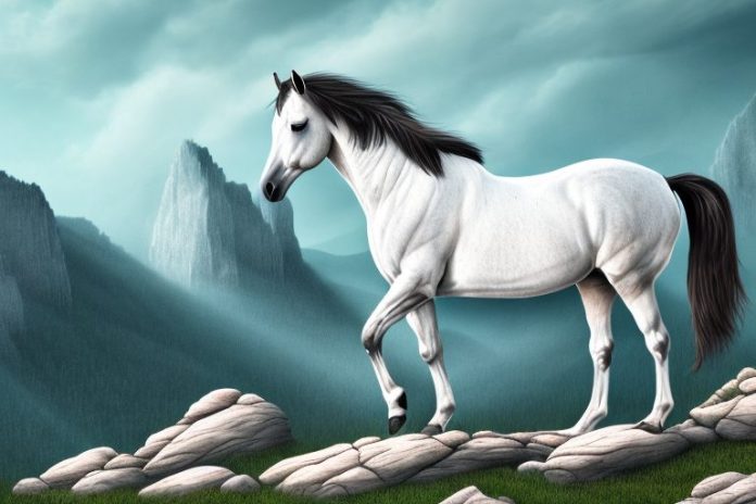 A horse in a rocky mountain landscape