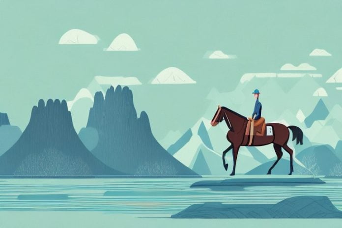 A horse and rider in a fjord landscape