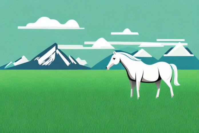 A horse standing in a field of grass in the rocky mountains