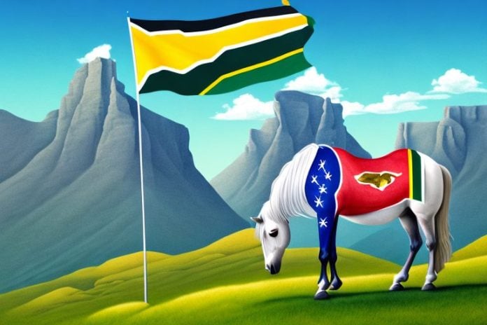 A horse in a mountainous landscape with the south african flag in the background