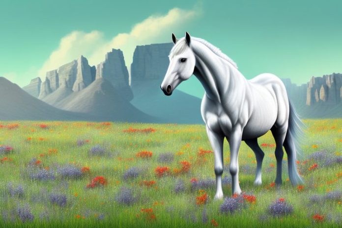 A majestic horse standing in a field of wildflowers in the rocky mountains of middelburg