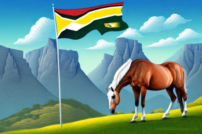 A horse in a mountainous landscape with a south african flag in the background