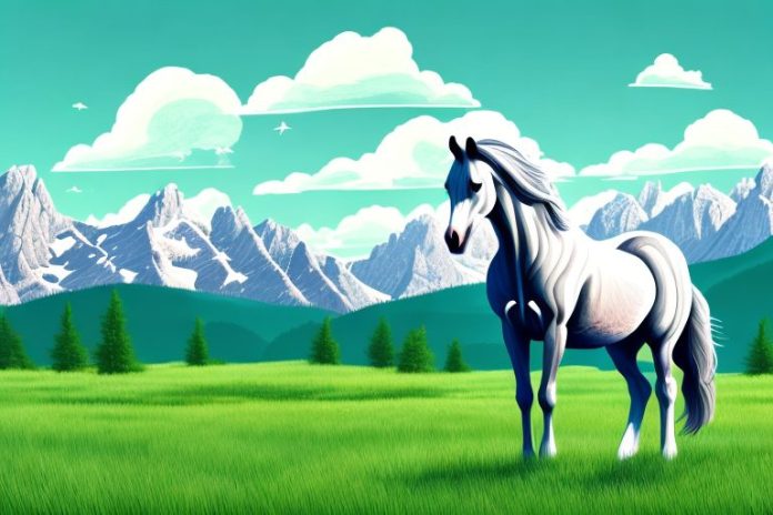 A majestic horse standing in a grassy meadow with the rocky mountains in the background