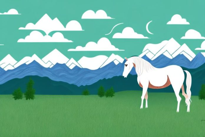 A horse standing in a grassy field with the rocky mountains in the background