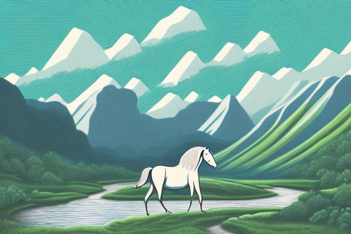 A horse in a mountainous landscape