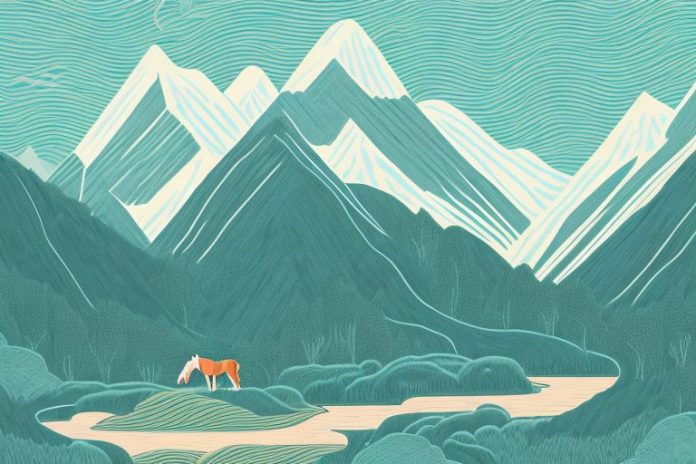 A horse in a mountainous landscape with a river running through it