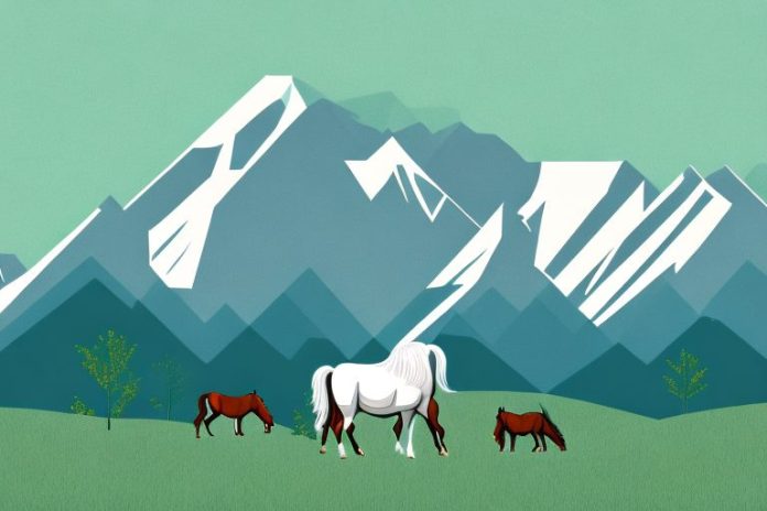 A rocky mountain landscape with a horse grazing in the foreground