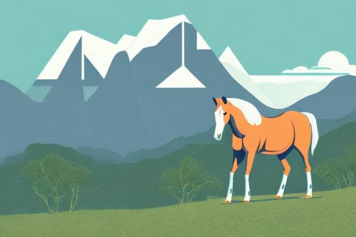 A horse standing in a mountainous landscape near hartbeespoort