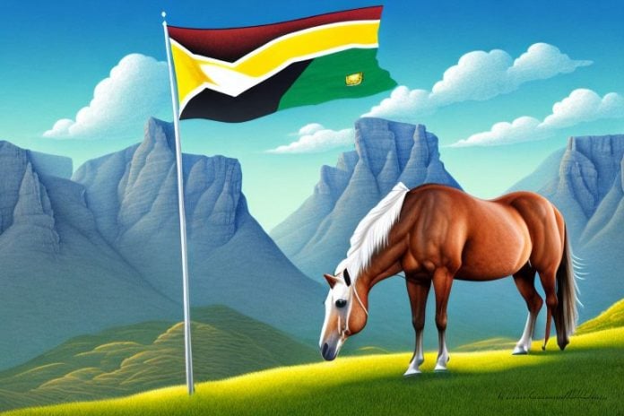 A horse in a mountainous landscape with a south african flag in the background