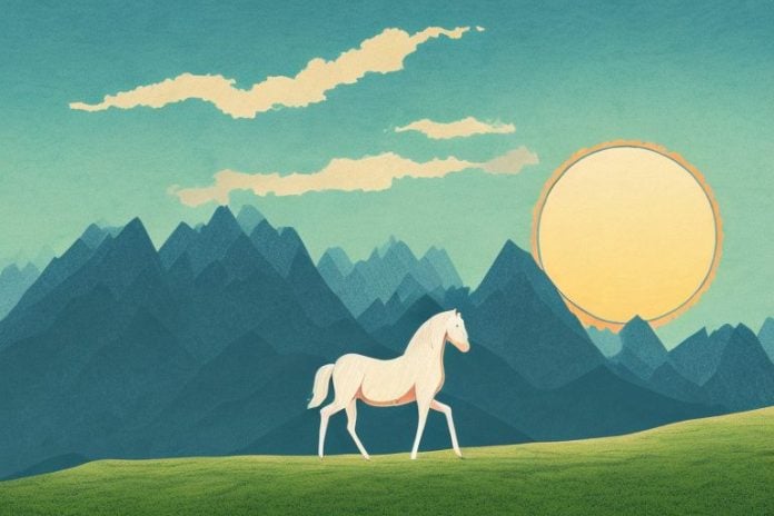 A horse standing in a mountainous landscape with the sun setting in the background