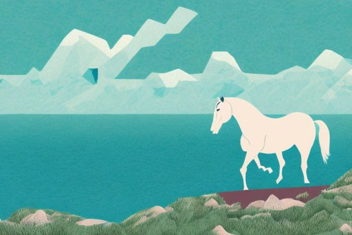 A horse in a mountainous landscape with the ocean in the background