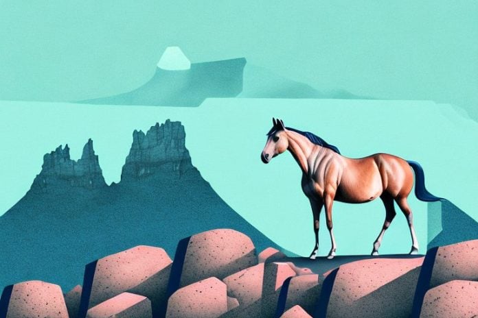 A horse standing on a rocky mountain in hermanus