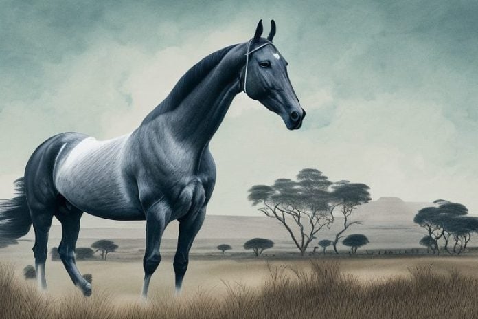A dutch warmblood horse in a rural south african landscape