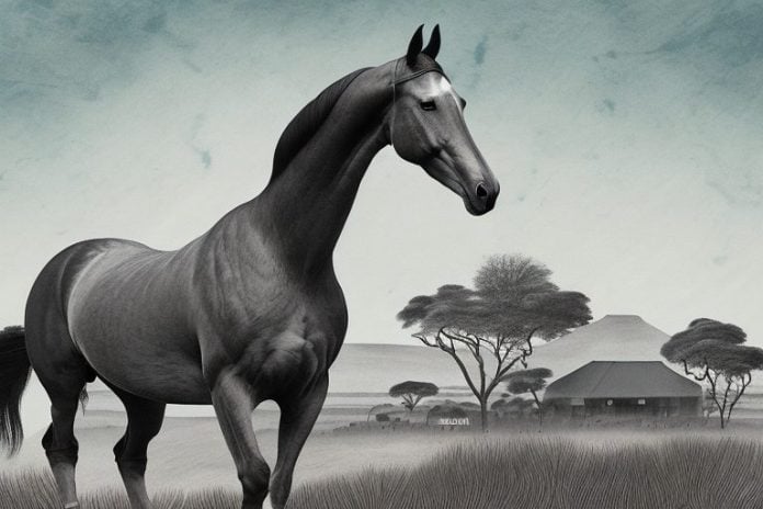 A dutch warmblood horse in a rural south african landscape