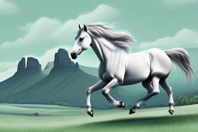 A majestic fjord horse galloping through the rolling hills of harrismith