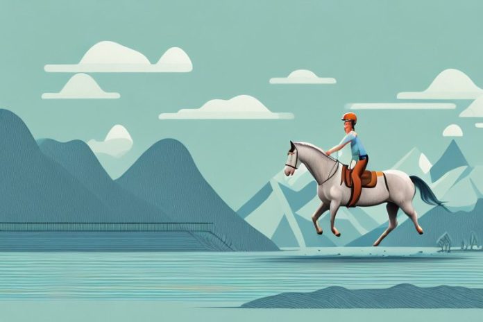 A horse and rider in a scenic fjord landscape