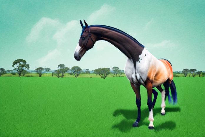 A dutch warmblood horse standing in a lush