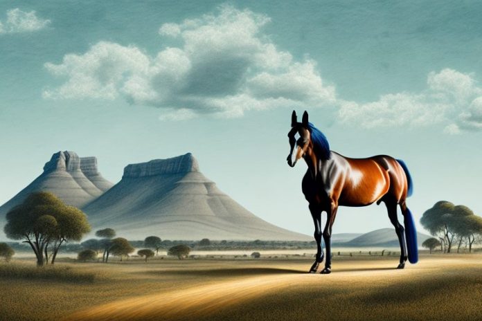 A dutch warmblood horse in a rural south african landscape