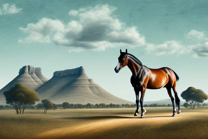 A dutch warmblood horse in a rural south african landscape