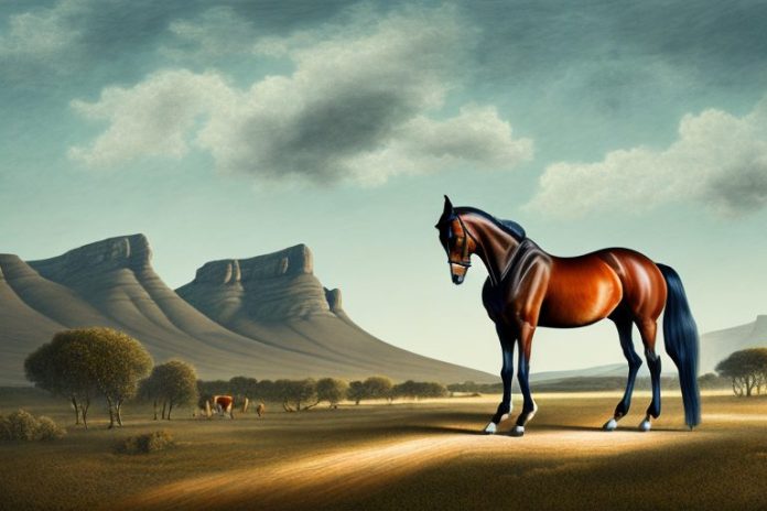 A dutch warmblood horse in a rural landscape in the western cape