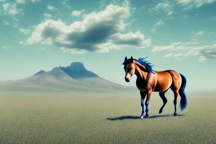 A mustang horse in a field in bisho