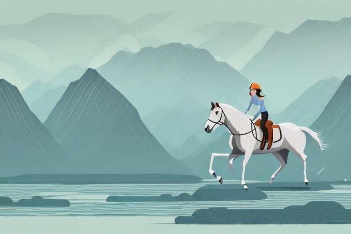 A horse and rider galloping through a scenic fjord landscape