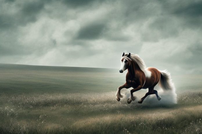 An american belgian draft horse galloping through a rural landscape in orkney