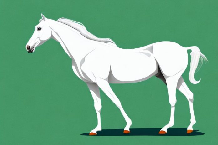 A white mustang horse in a lush green landscape in white river