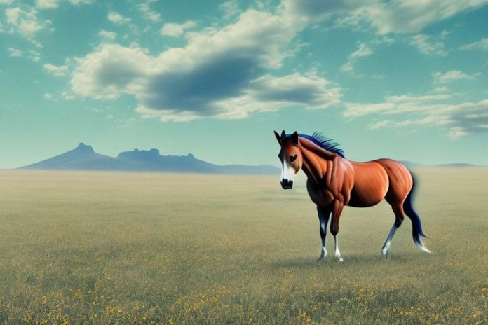 A mustang horse in a field in springbok