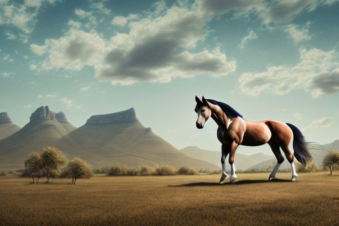 A mustang horse in a rural landscape in postmasburg