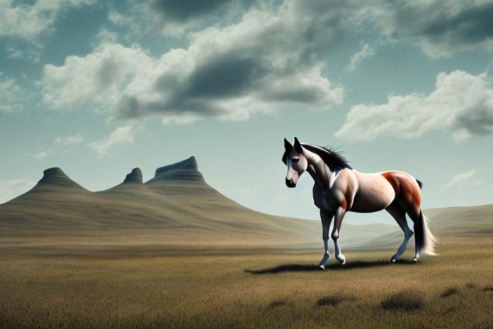 A mustang horse in a rural landscape in orkney