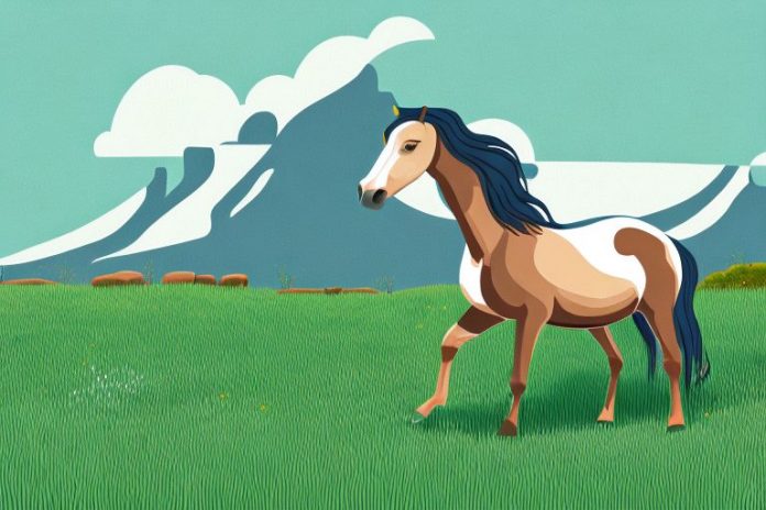 A brumby horse grazing in a grassy landscape in port shepstone