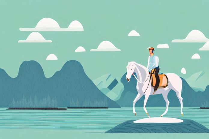 A horse and rider in a scenic fjord landscape
