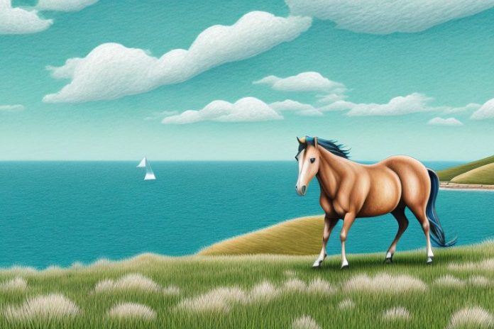 A brumby horse in a landscape of rolling hills and the ocean in port alfred