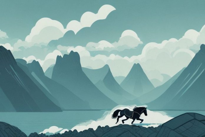 A horse galloping through a rugged landscape with a fjord in the background