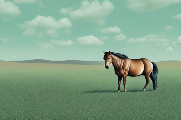 A brumby horse grazing in the grasslands of jeffreys bay
